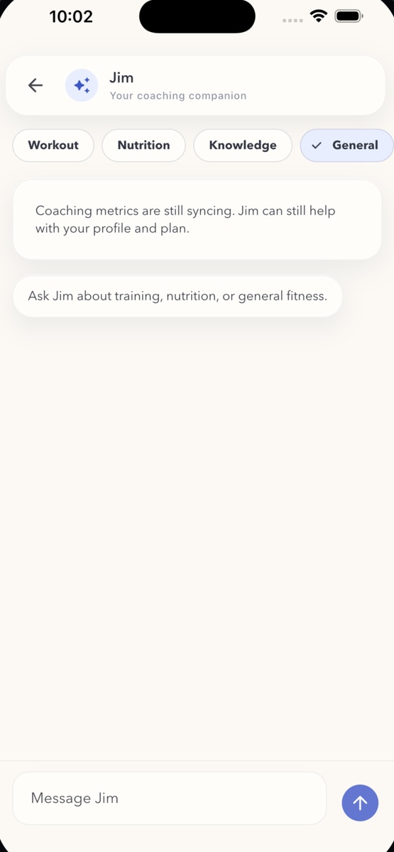 JimBro AI coach chat screen
