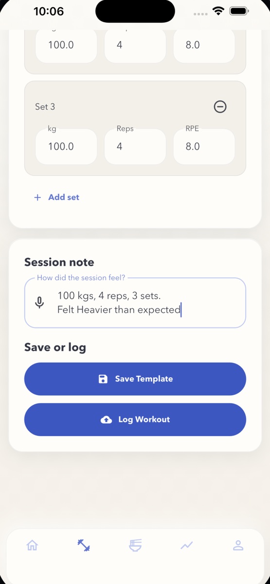 JimBro workout logging screen
