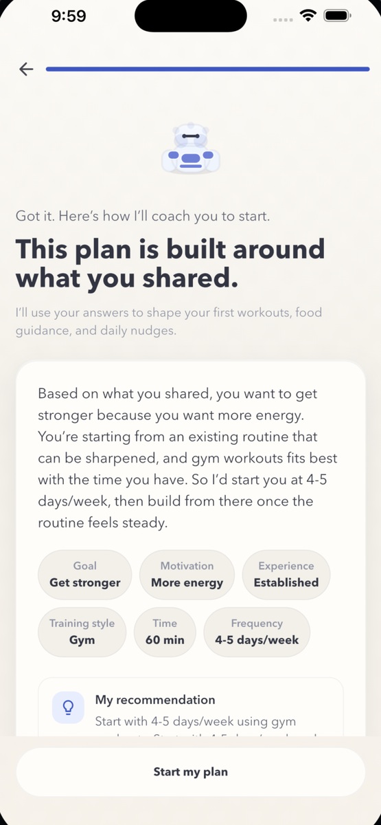 JimBro personalized plan screen